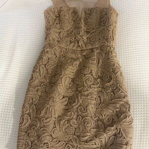 BCBGMaxAzria Strapless Tan Lace Appliqué Dress